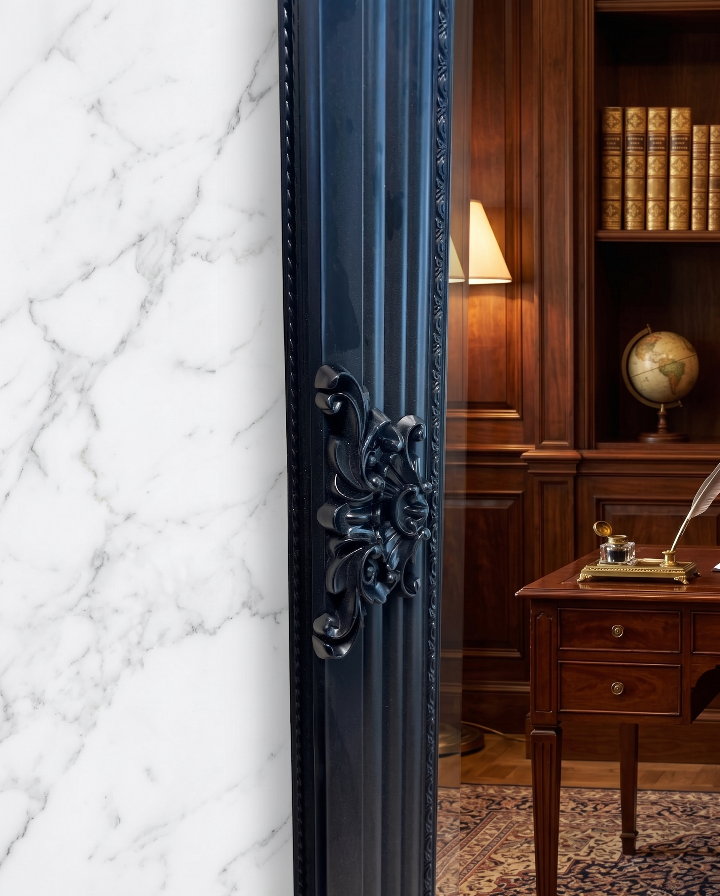 French Vienna black wooden mirror measuring 220cm by 110cm.