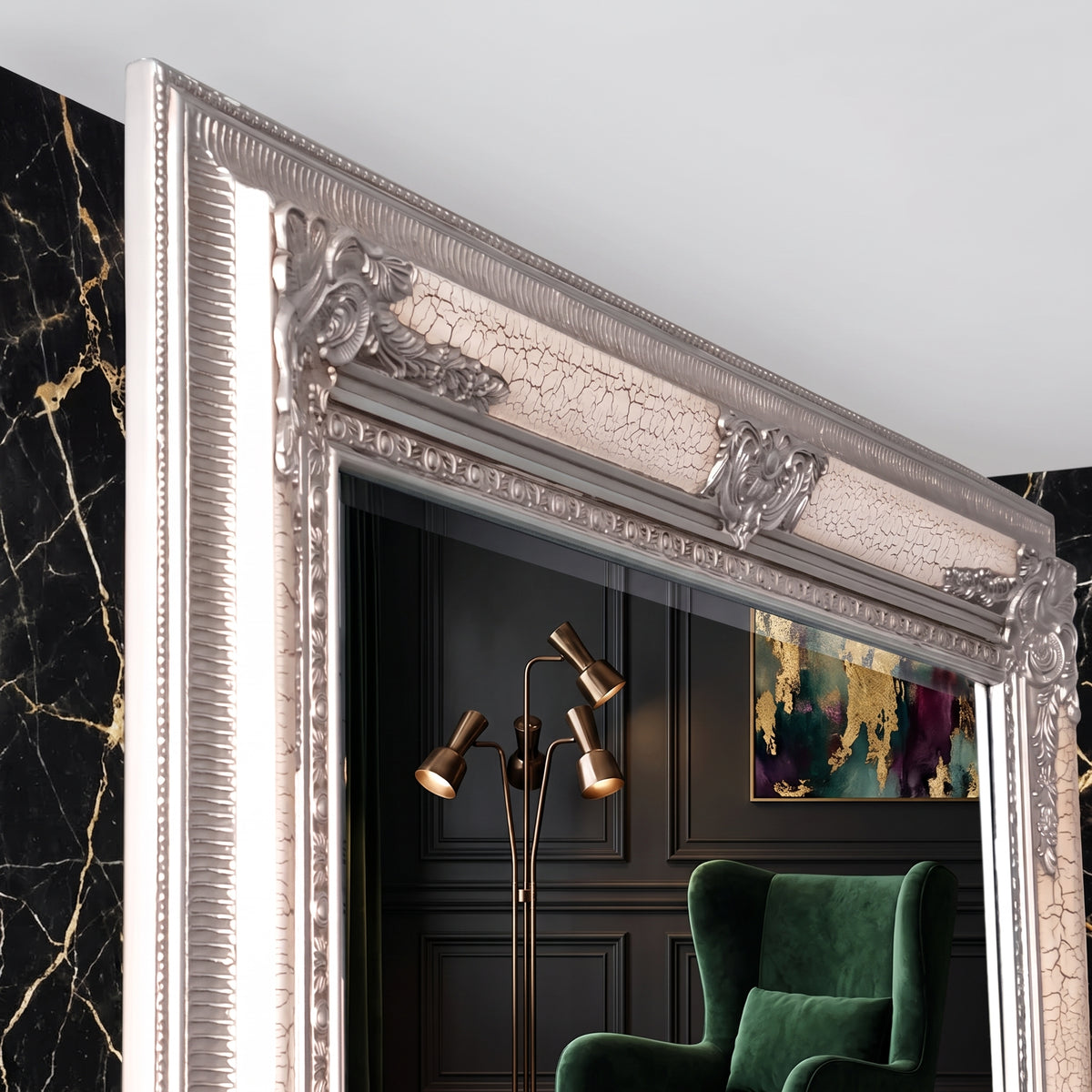 Versace Full Length Ornate Mirror - Silver Crackle - 210cm x 115cm
