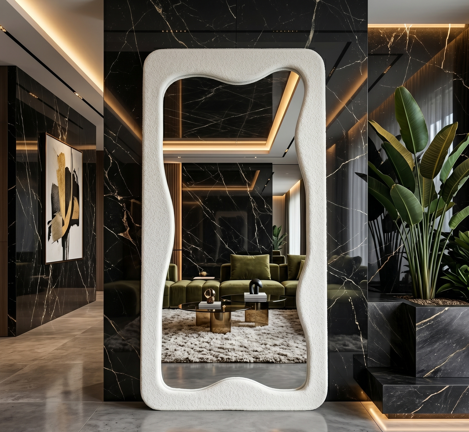 Large 190x90cm irregular shaped floor mirror featuring a textured white boucle frame by Melbourne Mirror Co.