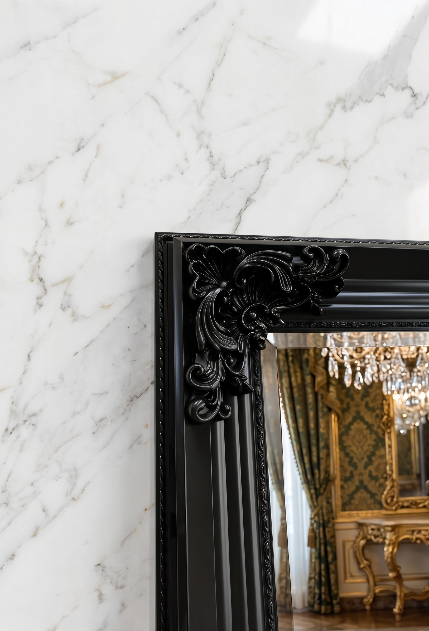 French Vienna black wooden mirror measuring 220cm by 110cm.
