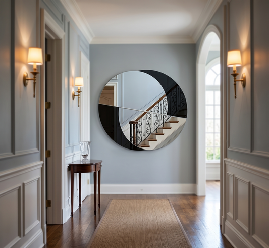 A modern 138cm by 120cm Yin Yang shaped decorative mirror hanging in a bright entryway