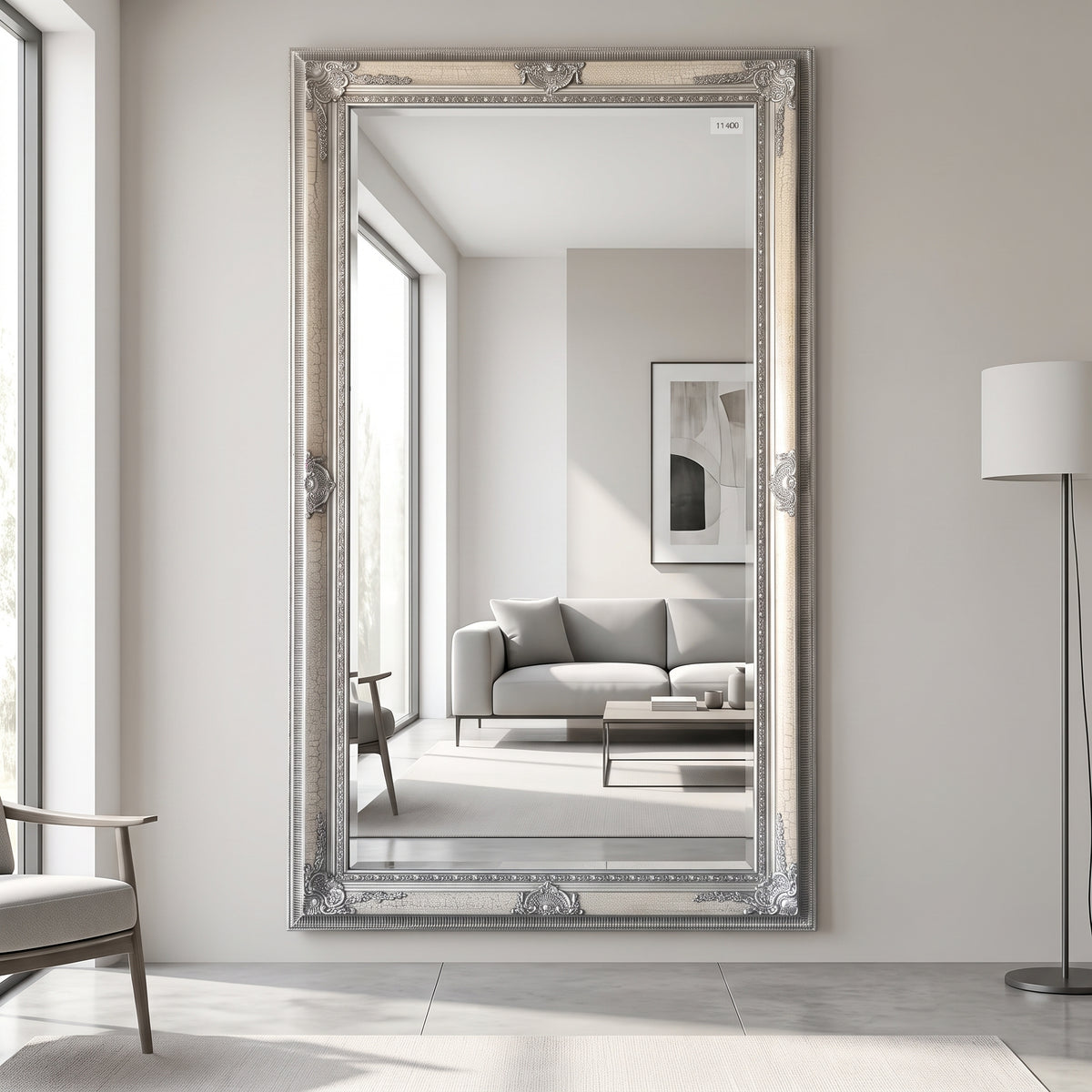 Versace Full Length Ornate Mirror - Silver Crackle - 210cm x 115cm