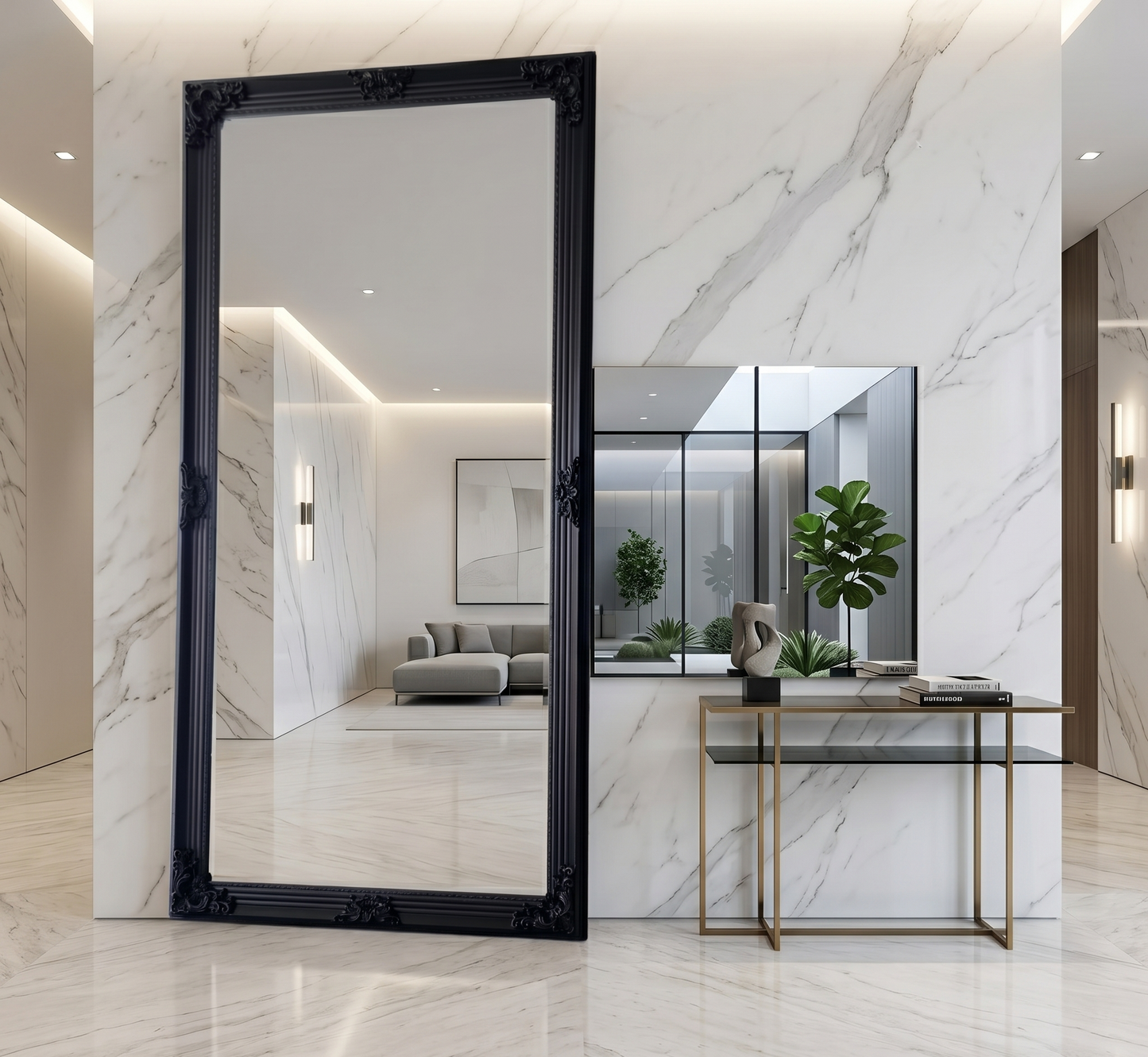French Vienna black wooden mirror measuring 220cm by 110cm.