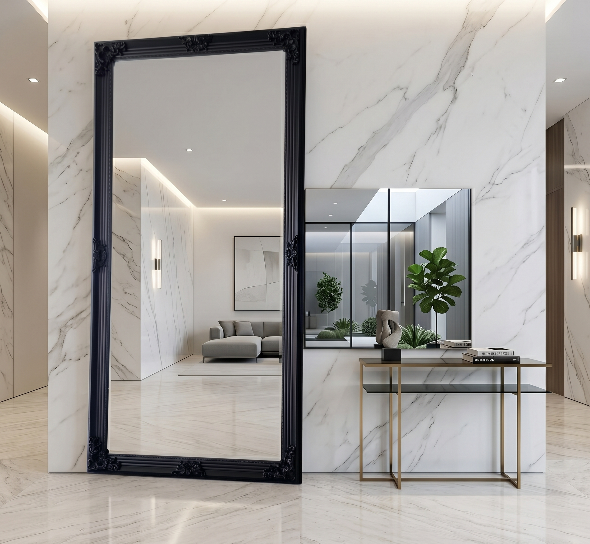 French Vienna black wooden mirror measuring 220cm by 110cm.