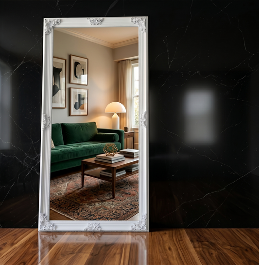 French Vienna white wooden leaning mirror standing 220cm tall.