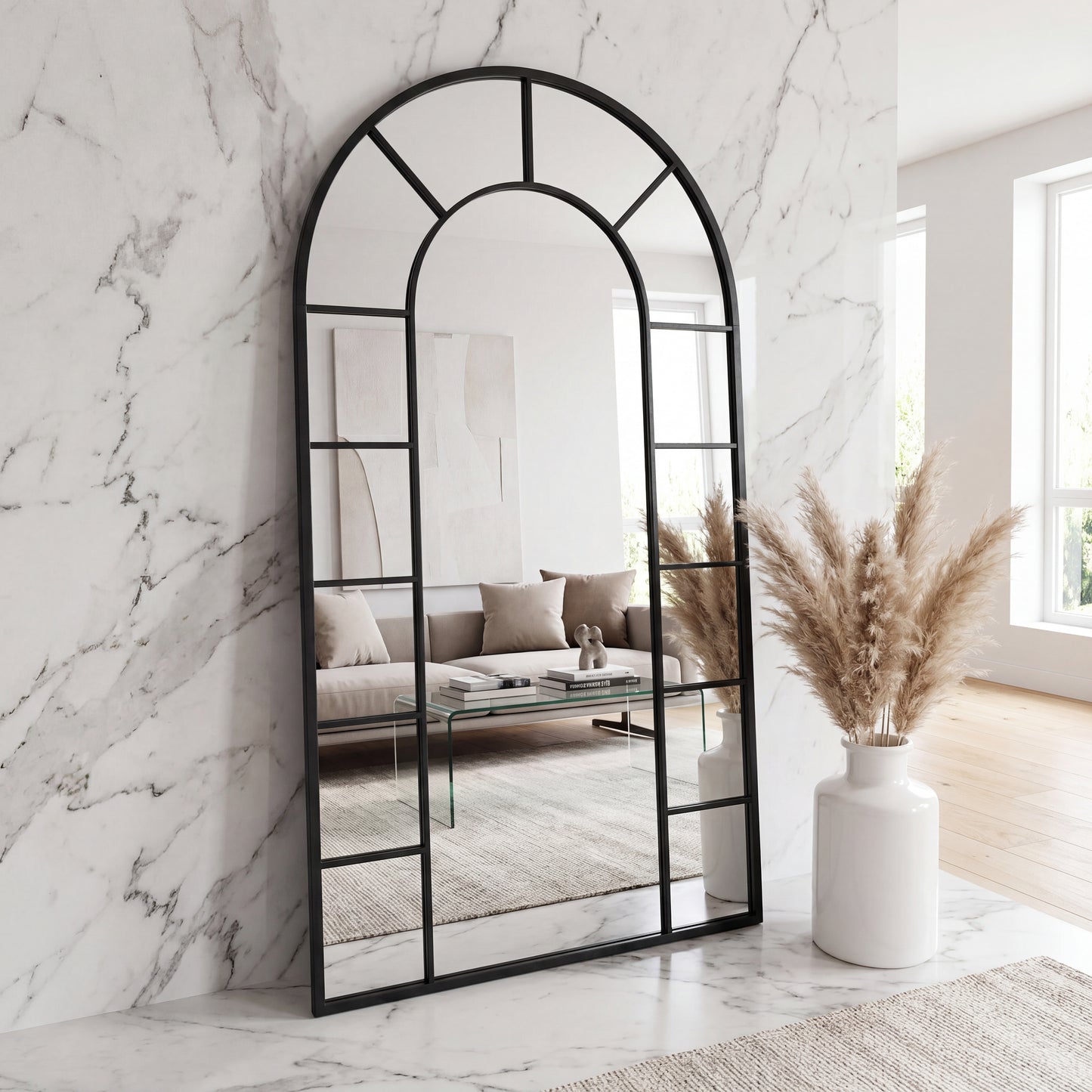 NEWCASTLE Full Length Arched Window Mirror - Black - 190 x 100cm