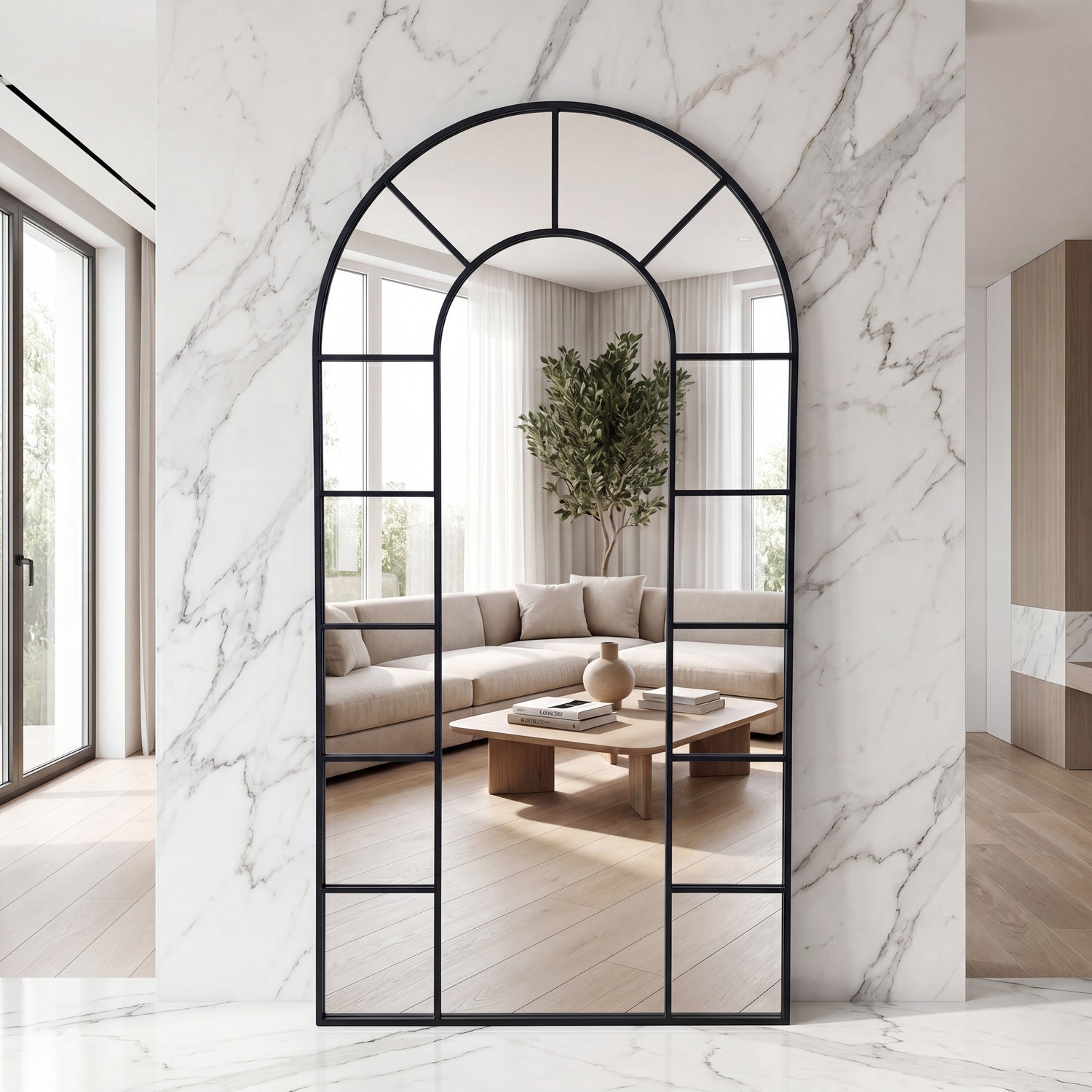 NEWCASTLE Full Length Arched Window Mirror - Black - 190 x 100cm