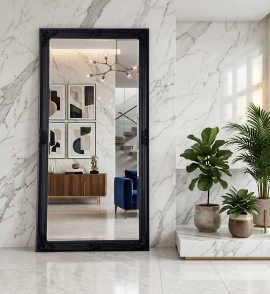French Vienna black wooden mirror measuring 220cm by 110cm.