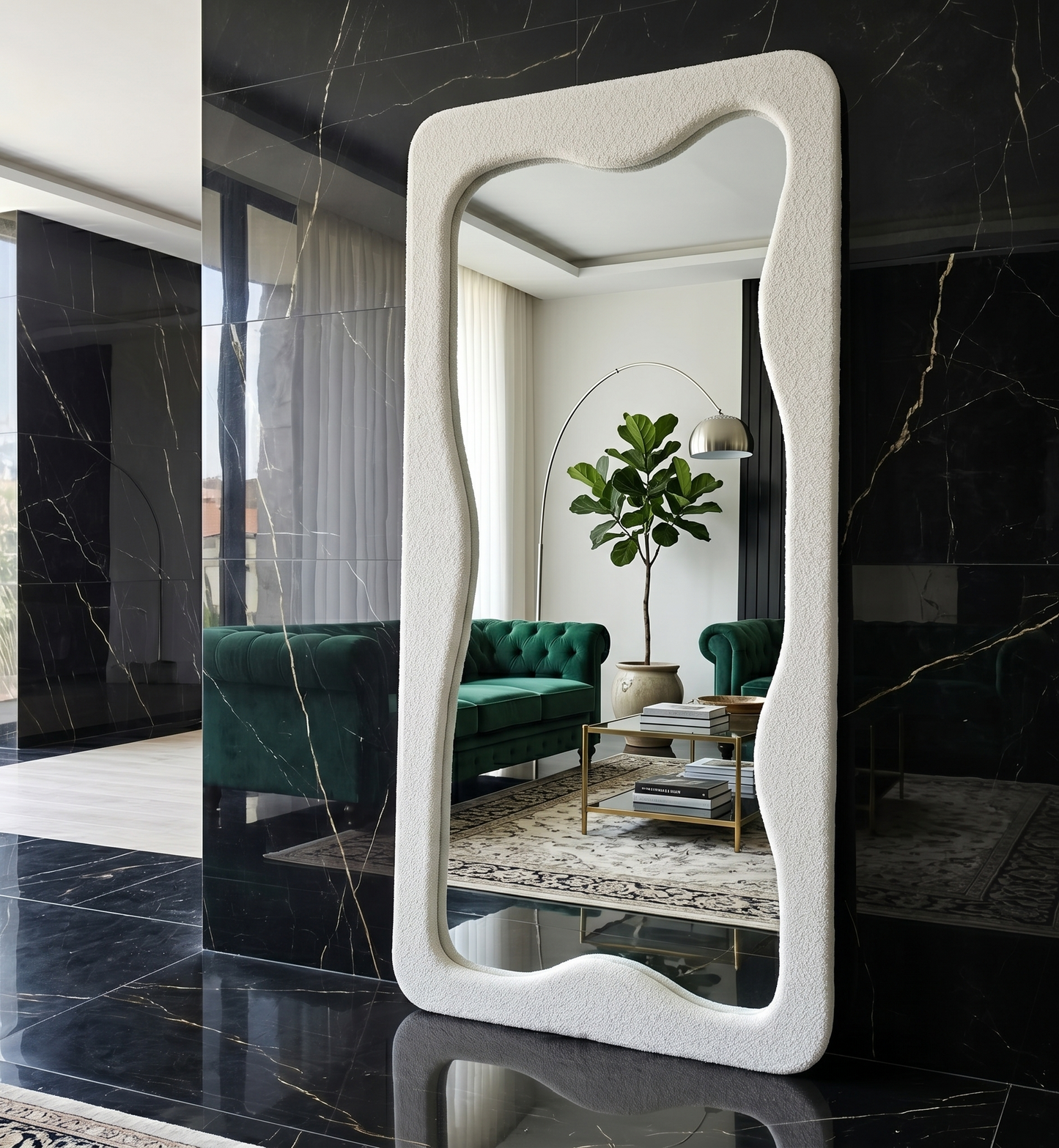 Modern asymmetrical wavy wall mirror in white boucle fabric, rectangular 190x90cm size.