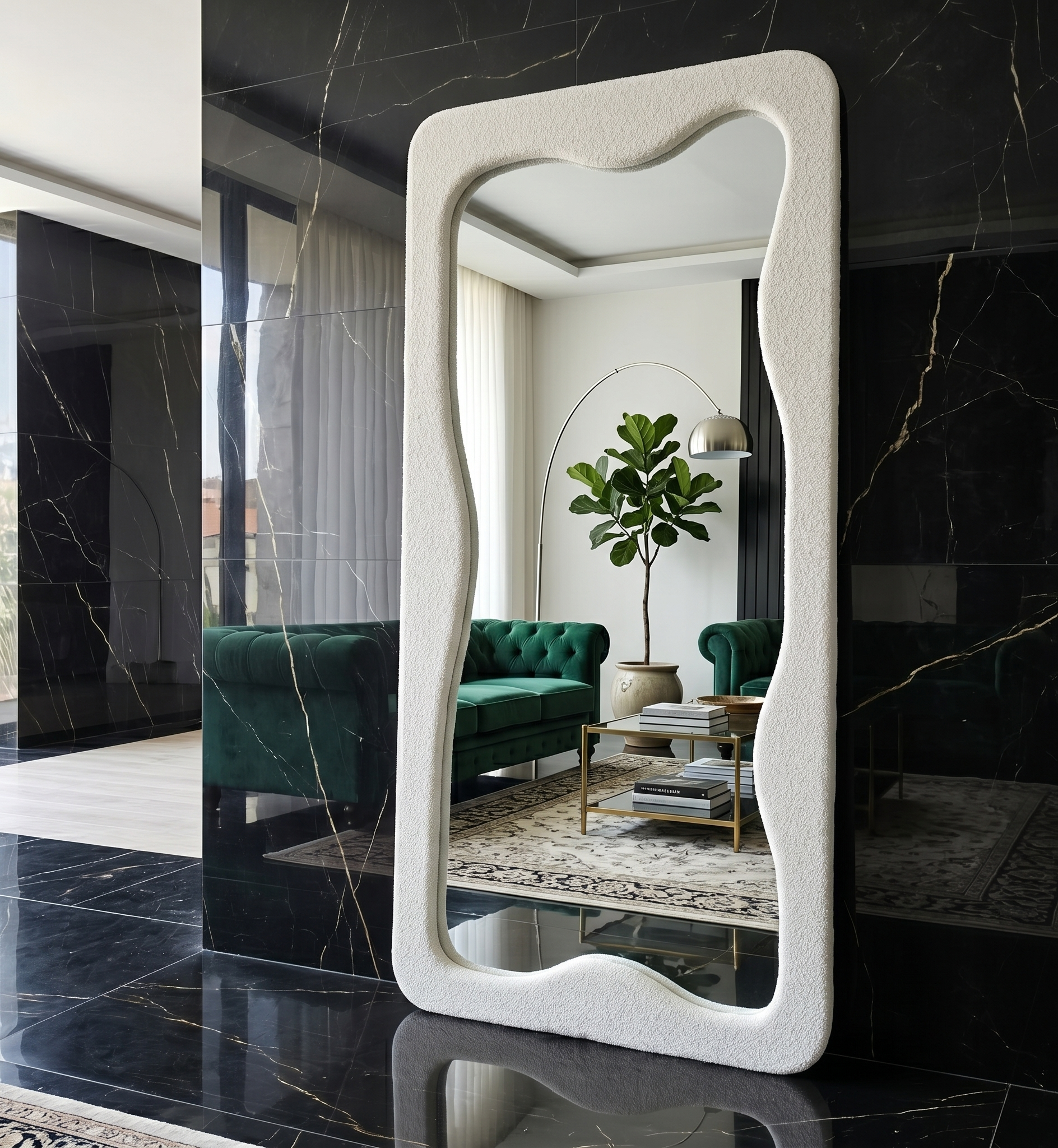 Modern asymmetrical wavy wall mirror in white boucle fabric, rectangular 190x90cm size.
