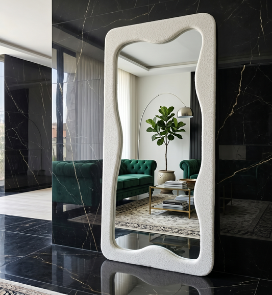 Modern asymmetrical wavy wall mirror in white boucle fabric, rectangular 190x90cm size.