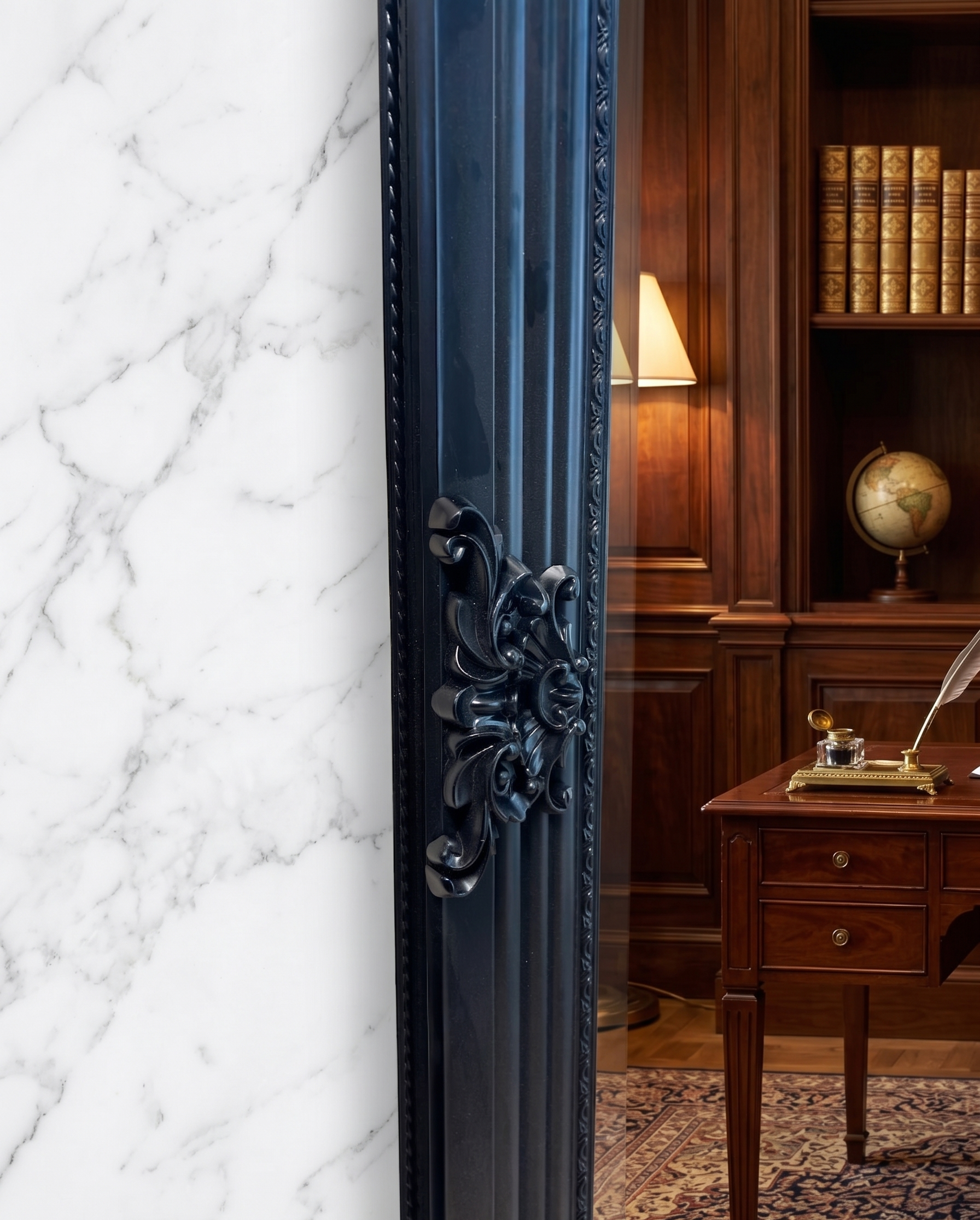 French Vienna black wooden mirror measuring 220cm by 110cm.