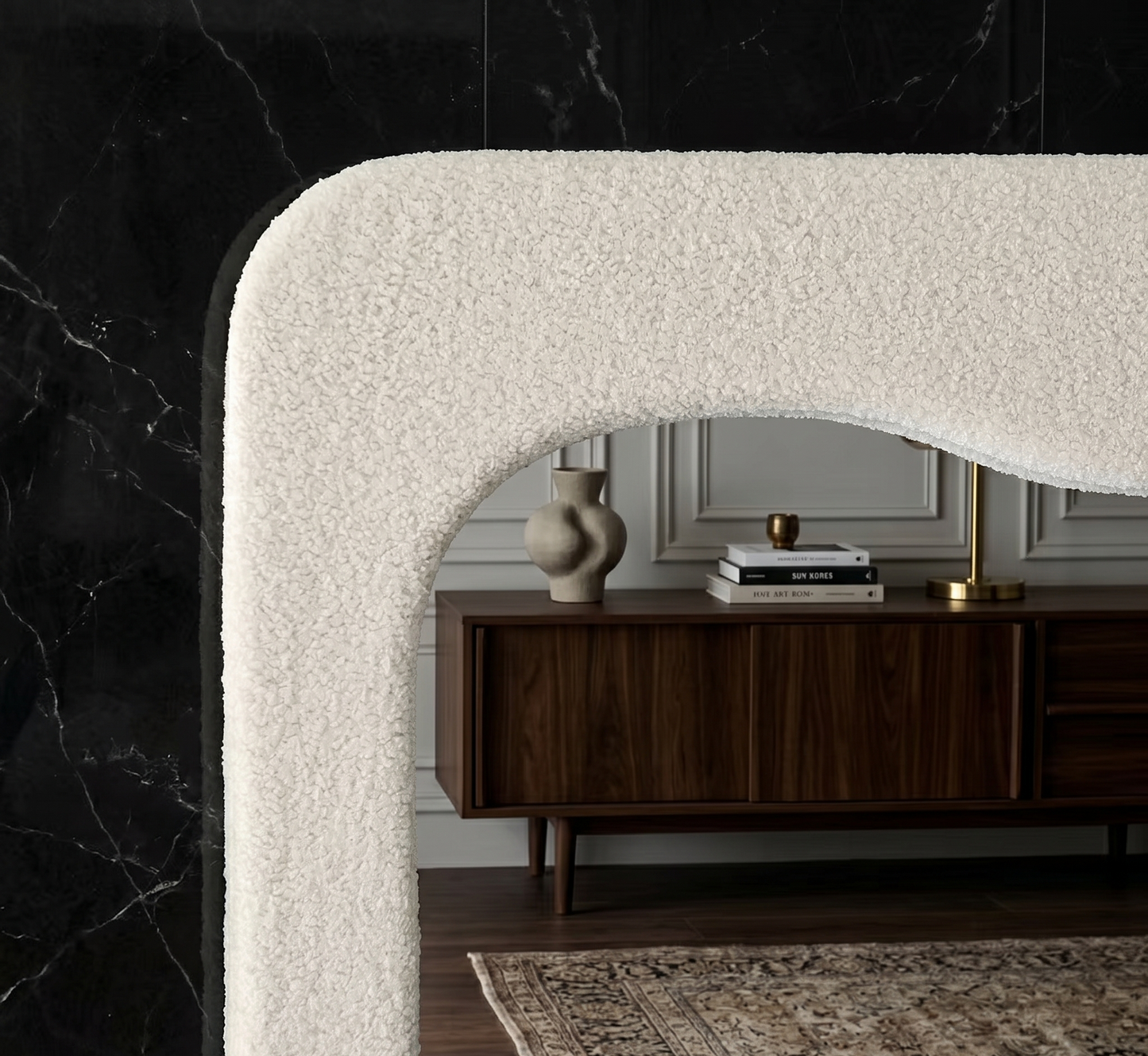 Full-length 190x90cm white boucle irregular mirror leaning against a wall in a contemporary styled bedroom.