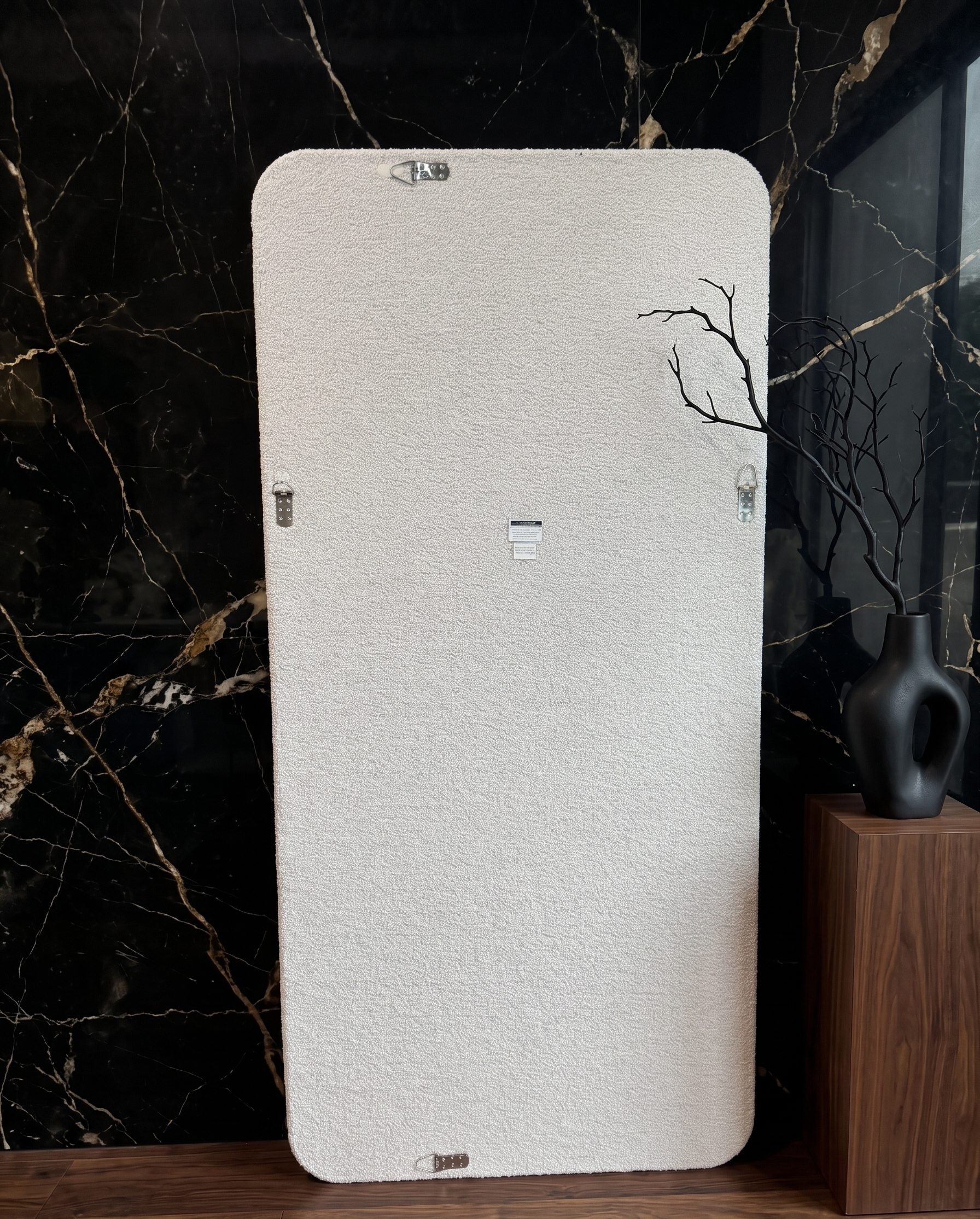 White textured boucle statement mirror, 1900x900mm, designed as a full-length leaning or wall-mounted mirror.