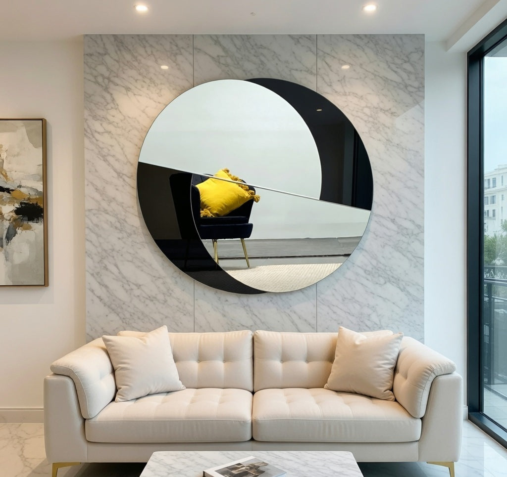 A large 138cm by 120cm Yin Yang shaped wall mirror on a living room wall.