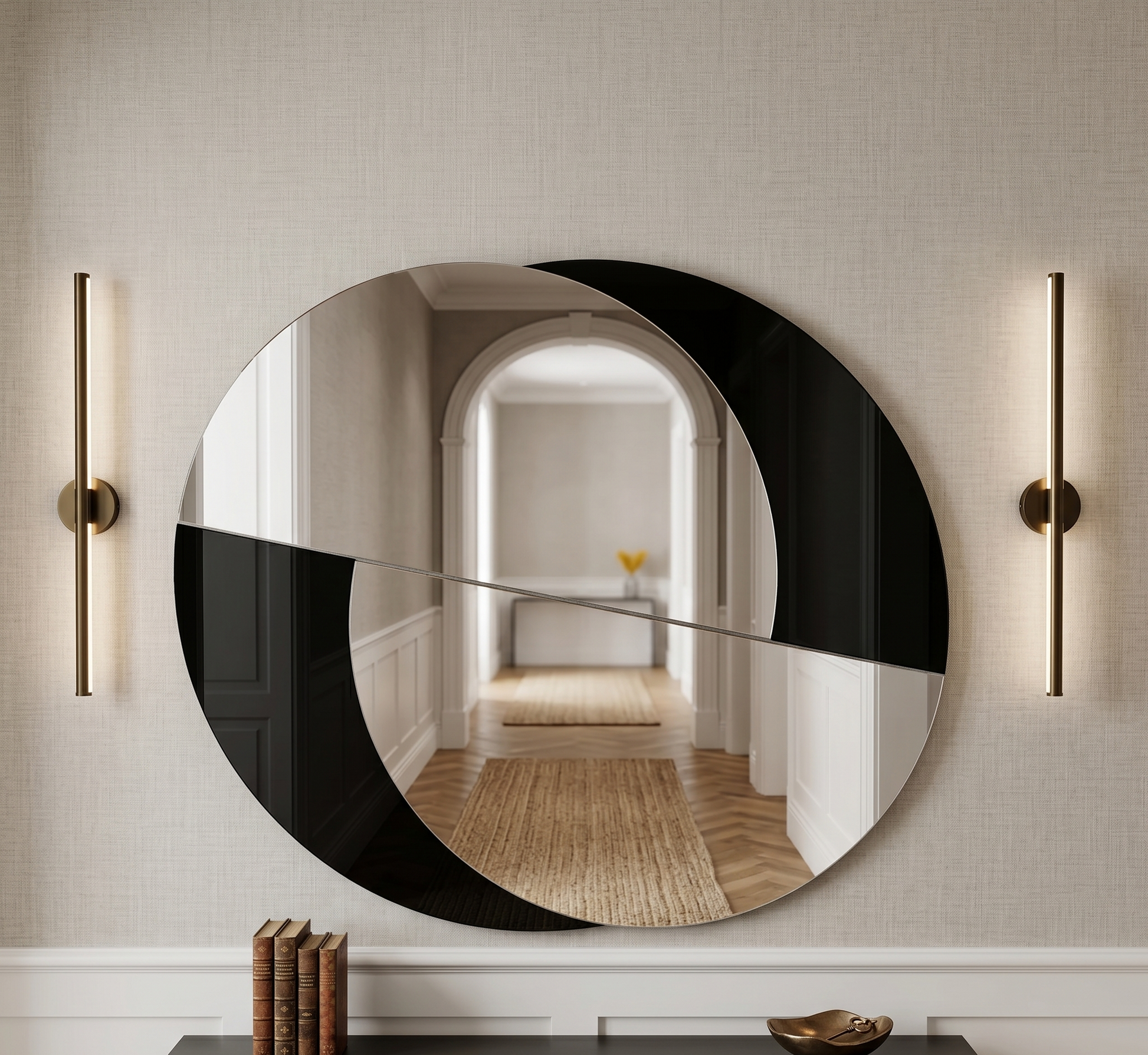 A statement 138cm by 120cm Yin Yang shaped mirror displayed in a hallway